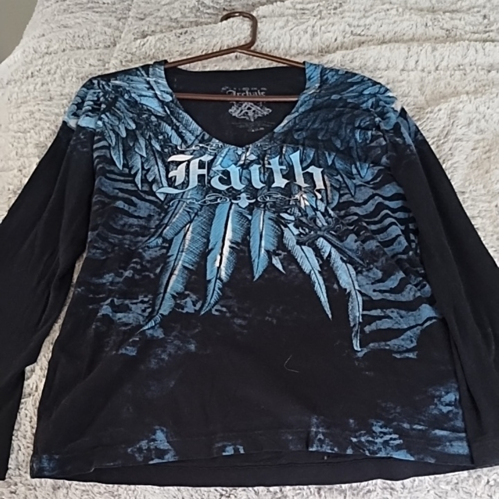Affliction Black and Blue Graphic Long Sleeve Top